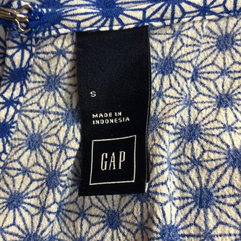 Gap Women’s Halter Romper Drawstring Pockets Blue White Geometric Sundress